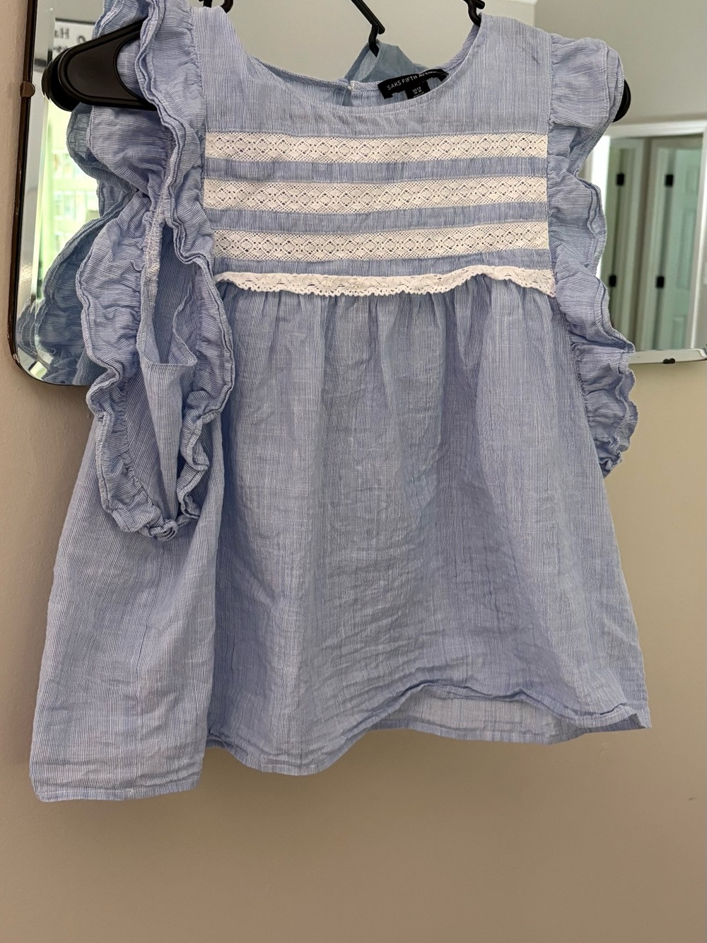Saks Fifth Avenue Light Blue Ruffled Cotton Top with Lace Trim